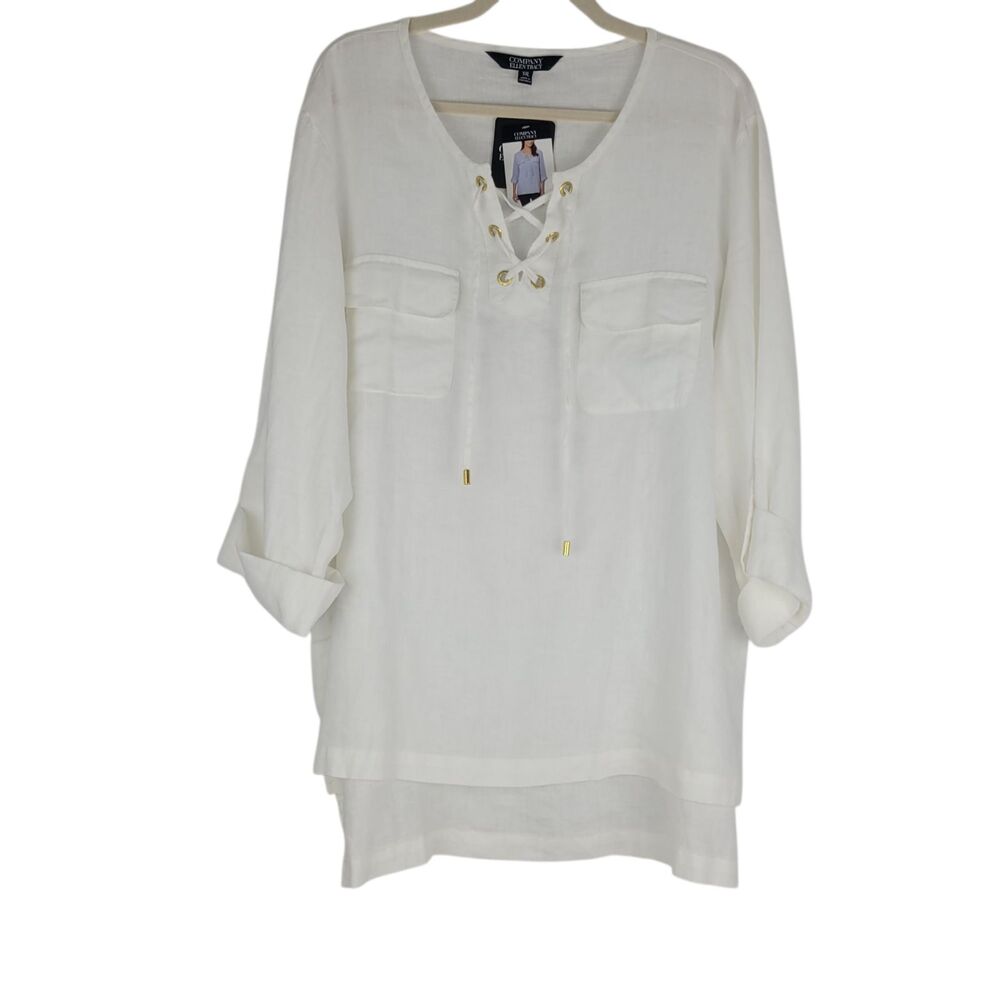 Company Ellen Tracy Top size XXL White Linen Long Sleeve Tie Neck NWT $89.50